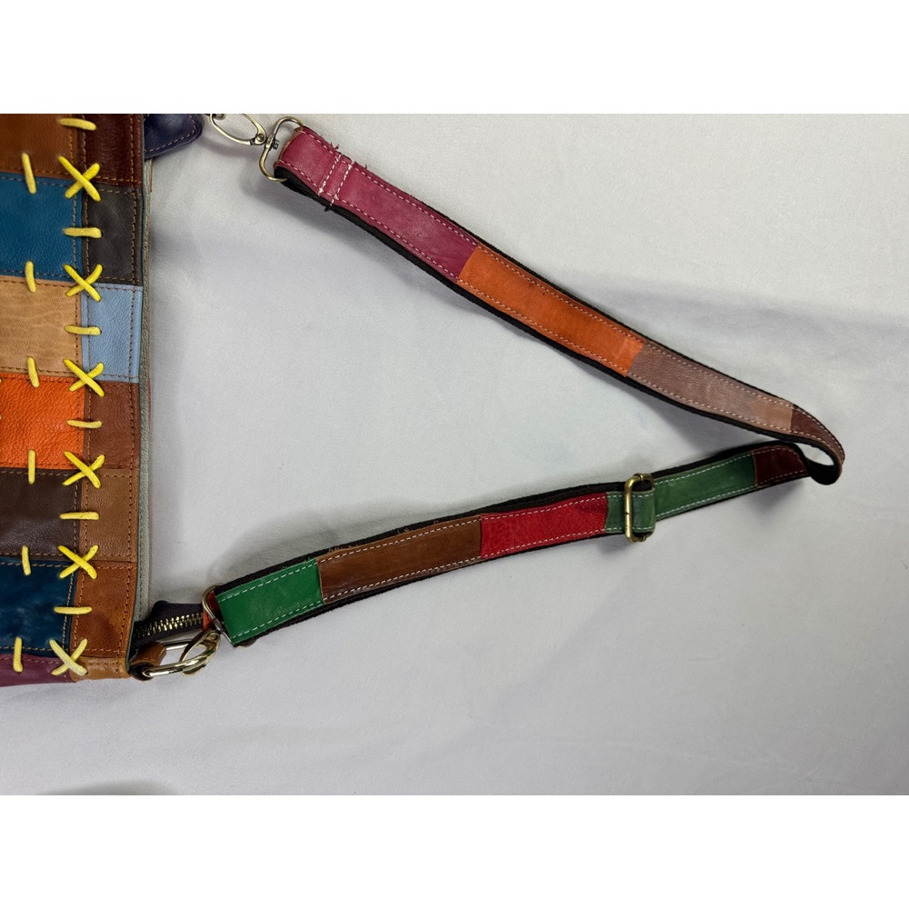 AmeriLeather Patchwork Leather Crossbody Bag Multicolor Whipstitch Hobo - Picture 9 of 16